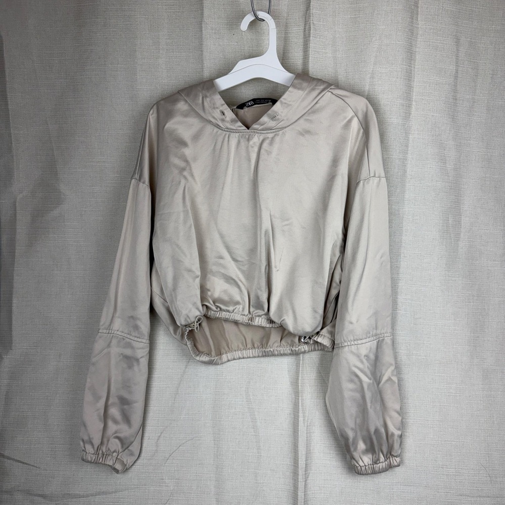 Zara Blouse Womens Small Beige Hooded Satinโ Cropped Long Sleeve Pullover Top